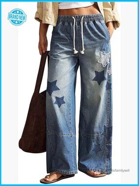 Y2K Wide Leg Denim Pants Star Graphic Drawstring Vintage Streetwear Baggy Jeans